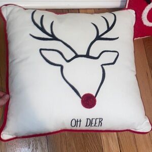 Set of 2 Festive Reindeer Holiday Pillow - White and Red